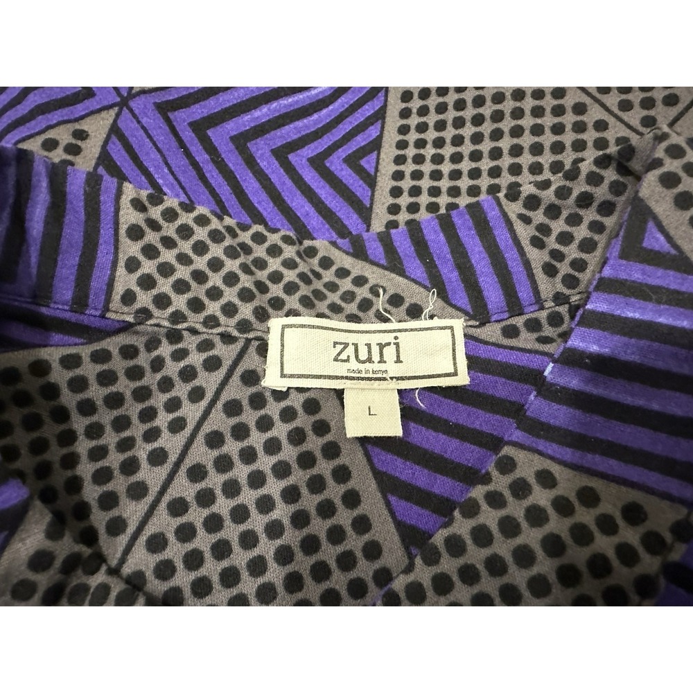 ZURI Kenya Purple Gray Abstract Shirt Dress Large 100% Cotton Button Up Artwear - Picture 6 of 7